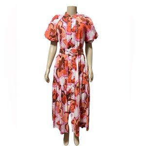 NWT Brave + True Sz S Amour Floral Maxi Dress Cotton Belted Tiered Puff Sleeve